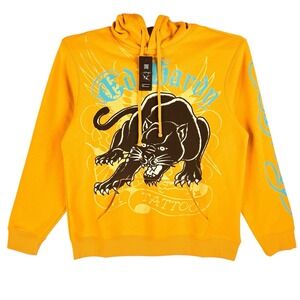 Ed Hardy Men's Street Style Panther Tattoo Gold Hooded Sweatshirt Size Large NWT
